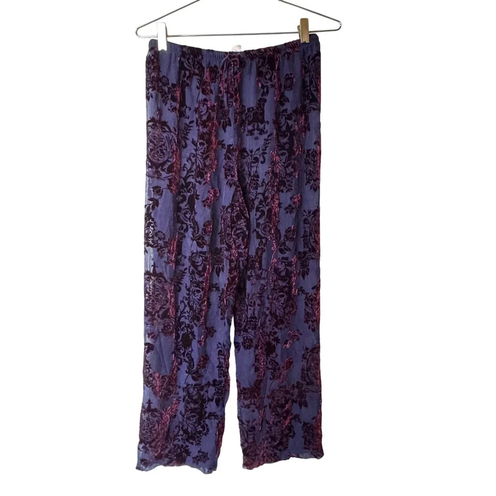 Velvet Burnout Floral Pants Set Purple Burgundy Sheer‎ Bohemian Blouse Top